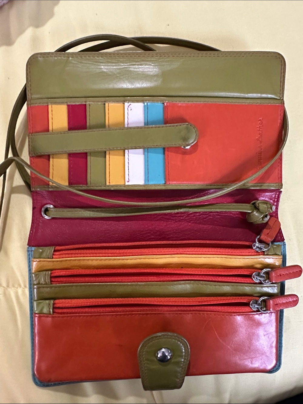 Multicolor Leather Crossbody Wallet with Olive Accents
